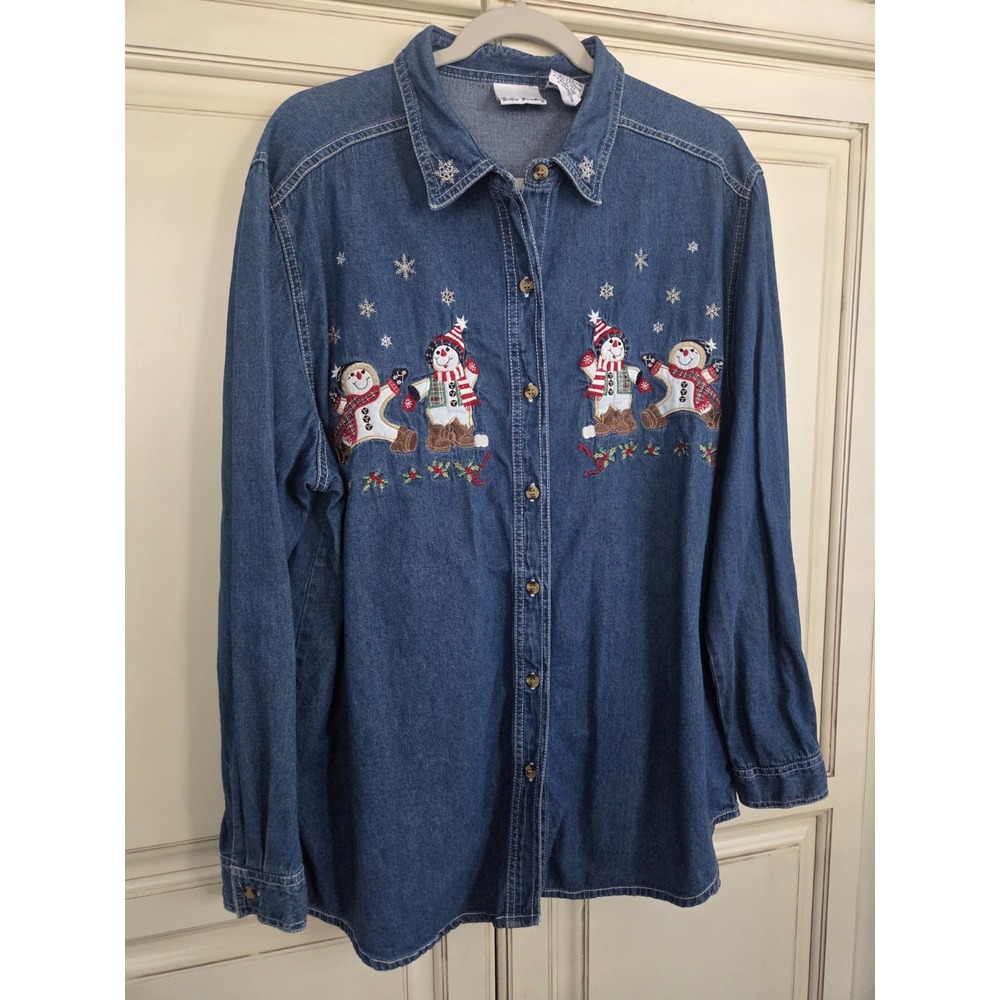 Vtg Bobbie Brooks Snowman Denim Button Up Shirt Women's‎ Xl Snowflakes Holly